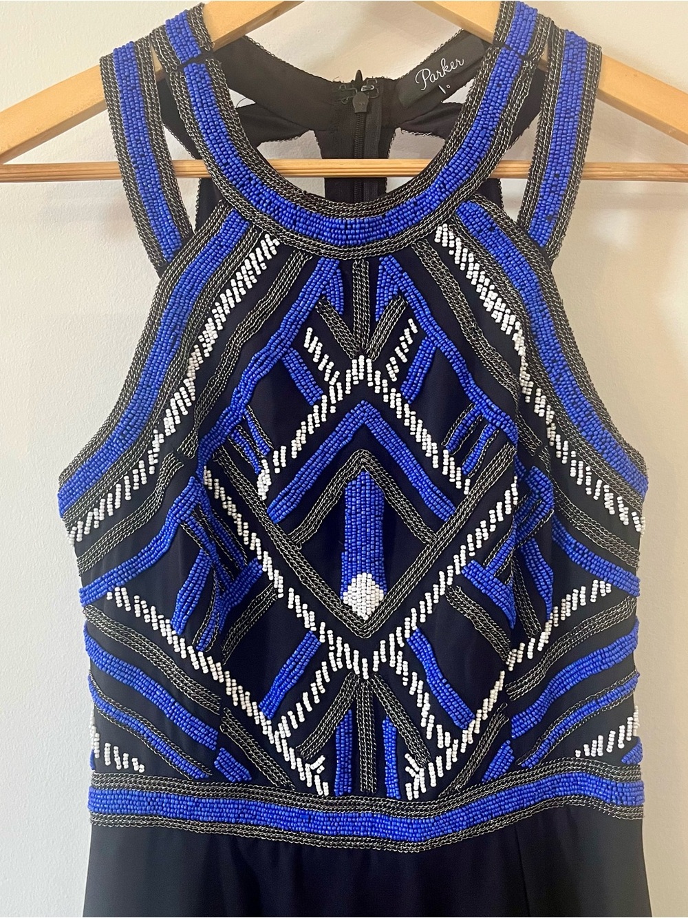 Parker Beaded Maxi Gown Size 0 Blue Black Art Deco Formal Dress